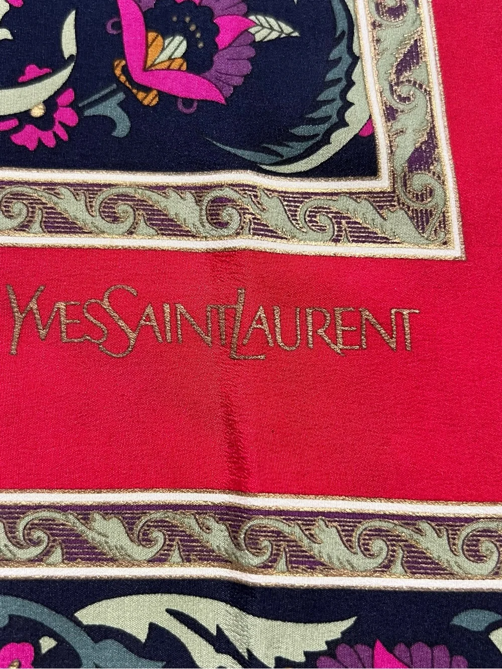 Yves Saint Laurent Vintage Silk Scarf Floral Print Square Shawl Red Pink Navy